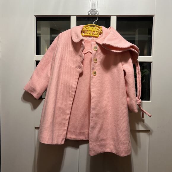 Vintage Other - Vtg Swing Coat , Dress & Bonnet Girls 3 Piece 50s 60s Pink Lined Handmade